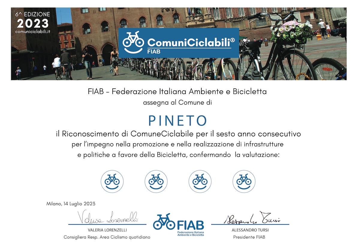 PINETO SI CONFEMA COMUNE CICLABILE: LA FIAB HA ATTRIBUITO DI NUOVO I 4 “BIKESMILE””